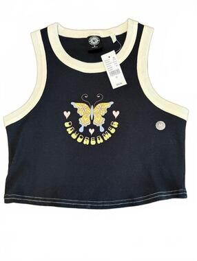 PacSun Black and Cream Butterfly Crop Tank Top, Size M